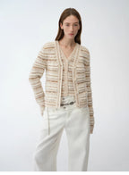 Nice Weekend striped mixed woven V-neck early spring layered knitted cardigan top/vest