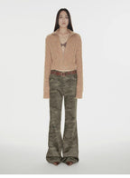 Green CamouflageFashionable and versatile camouflage print chenille suede slim bootcut casual pants