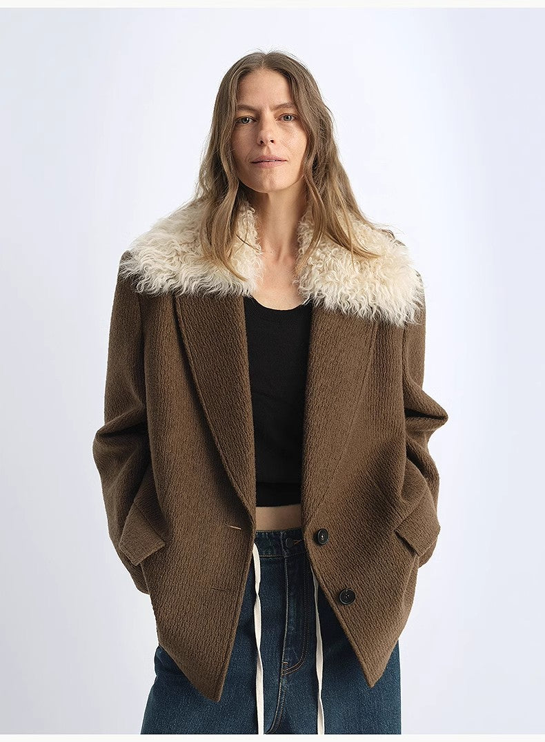 Vertical Texture Wool Tweed Coat Detachable Fur Collar Suit Parker