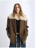 Vertical Texture Wool Tweed Coat Detachable Fur Collar Suit Parker
