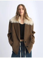 Vertical Texture Wool Tweed Coat Detachable Fur Collar Suit Parker