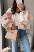 Button Down Flower Applique Sweater Cardigan