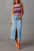 High Rise Raw Hem Slit Front Denim Midi Skirt