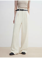 Women's white straight casual wide waist drape floor-length wide leg pants