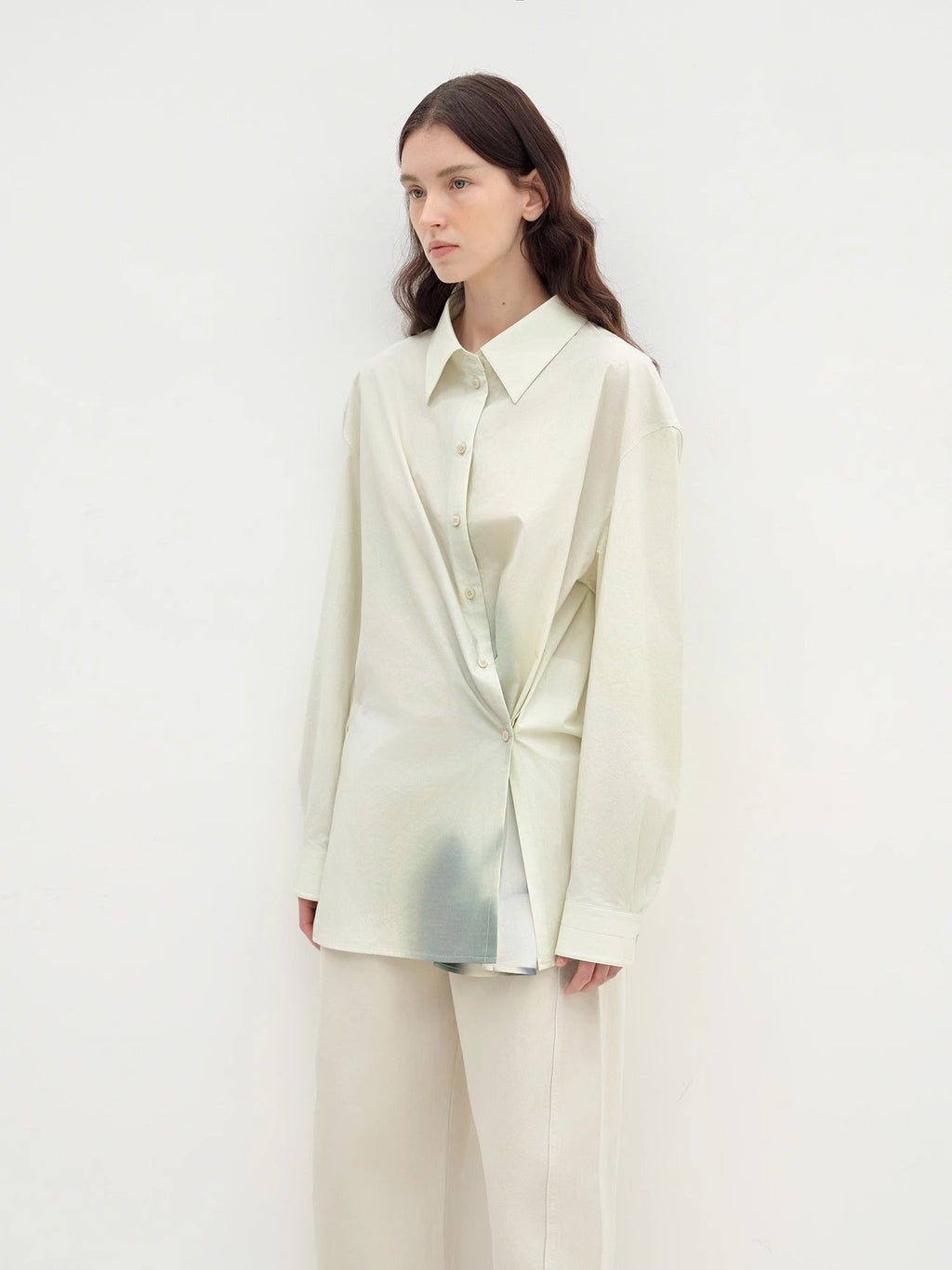 Green Time lapel side slit two-wear cotton printed shirt