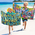 Toalla de playa personalizada Graffiti Monsters de secado rápido con nombre Esenciales de viaje Fiesta en la playa Regalo de cumpleaños para niños