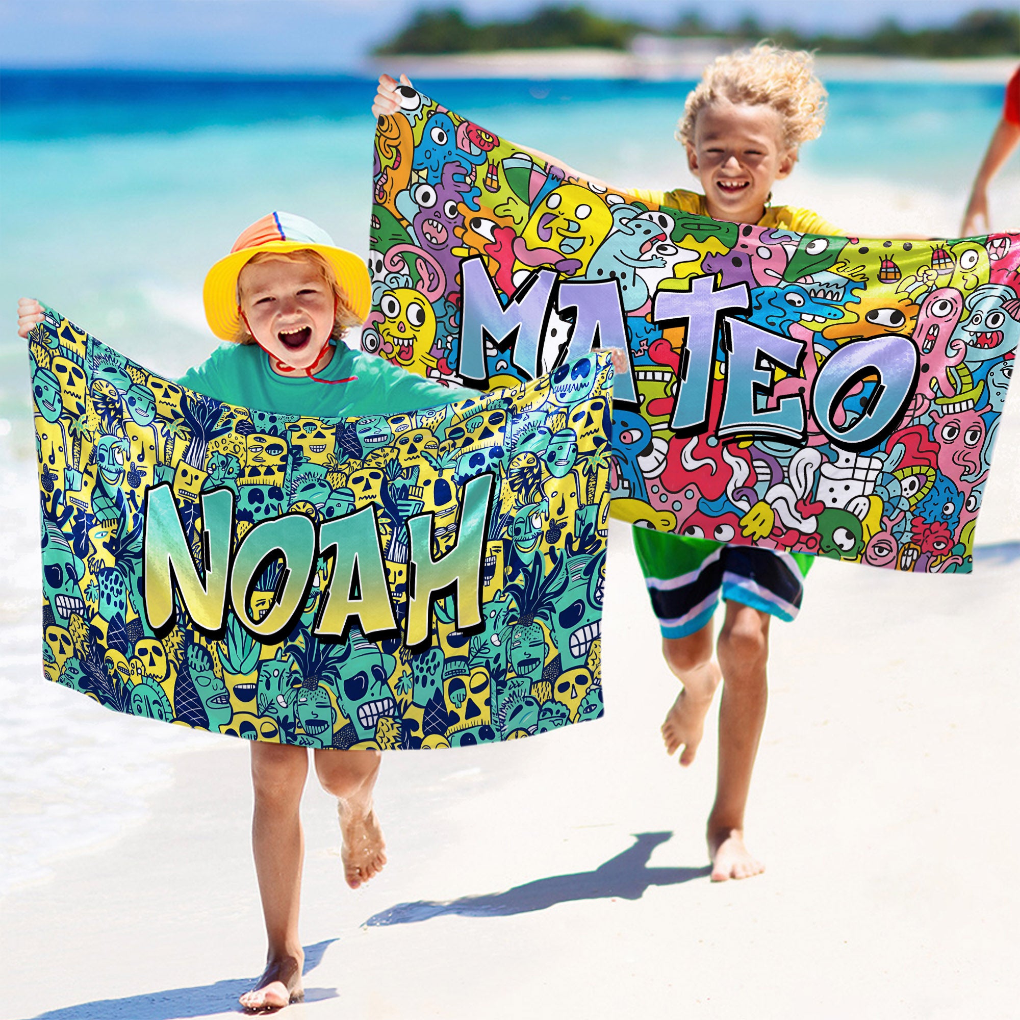 Toalla de playa personalizada Graffiti Monsters de secado rápido con nombre Esenciales de viaje Fiesta en la playa Regalo de cumpleaños para niños