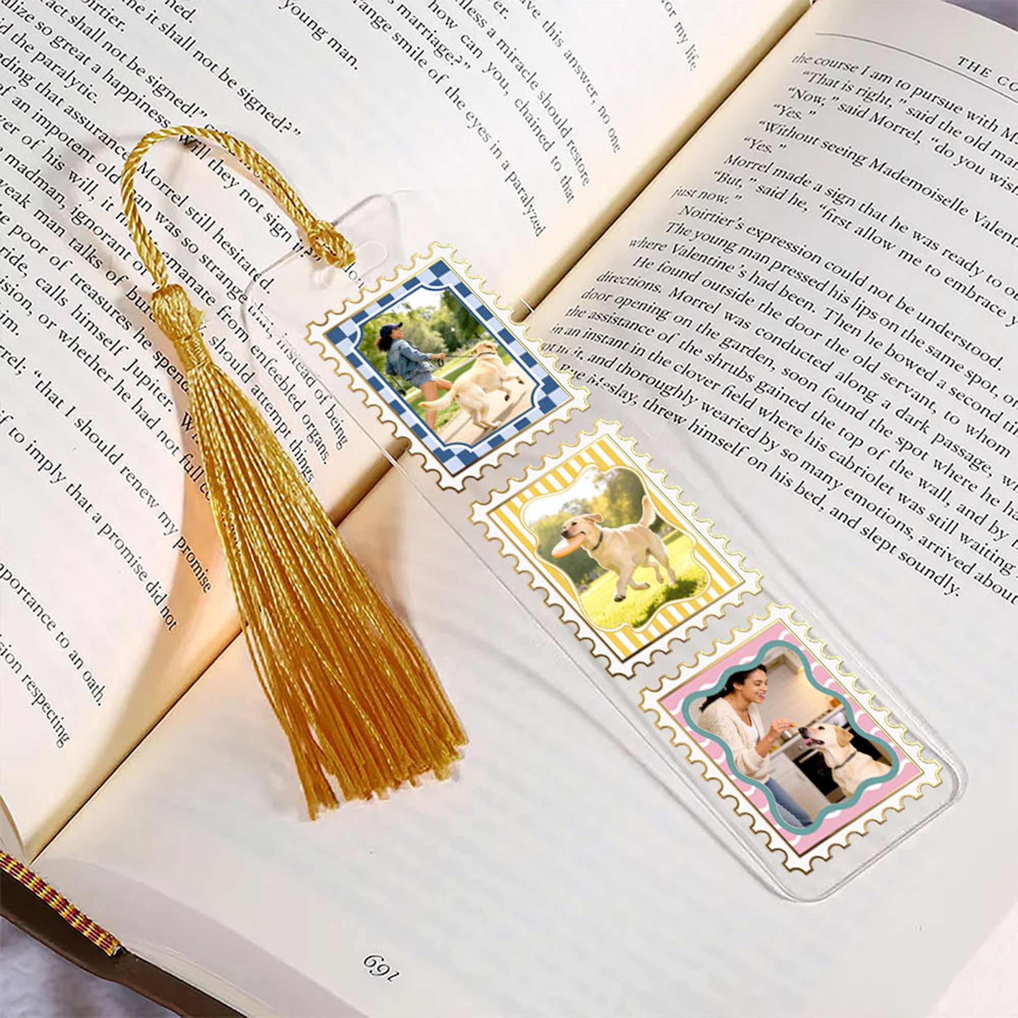 Sello de correos personalizado con diseño de 3 fotos Marcapáginas acrílico con borla Material de lectura Regalo de cumpleaños para amigos Familia