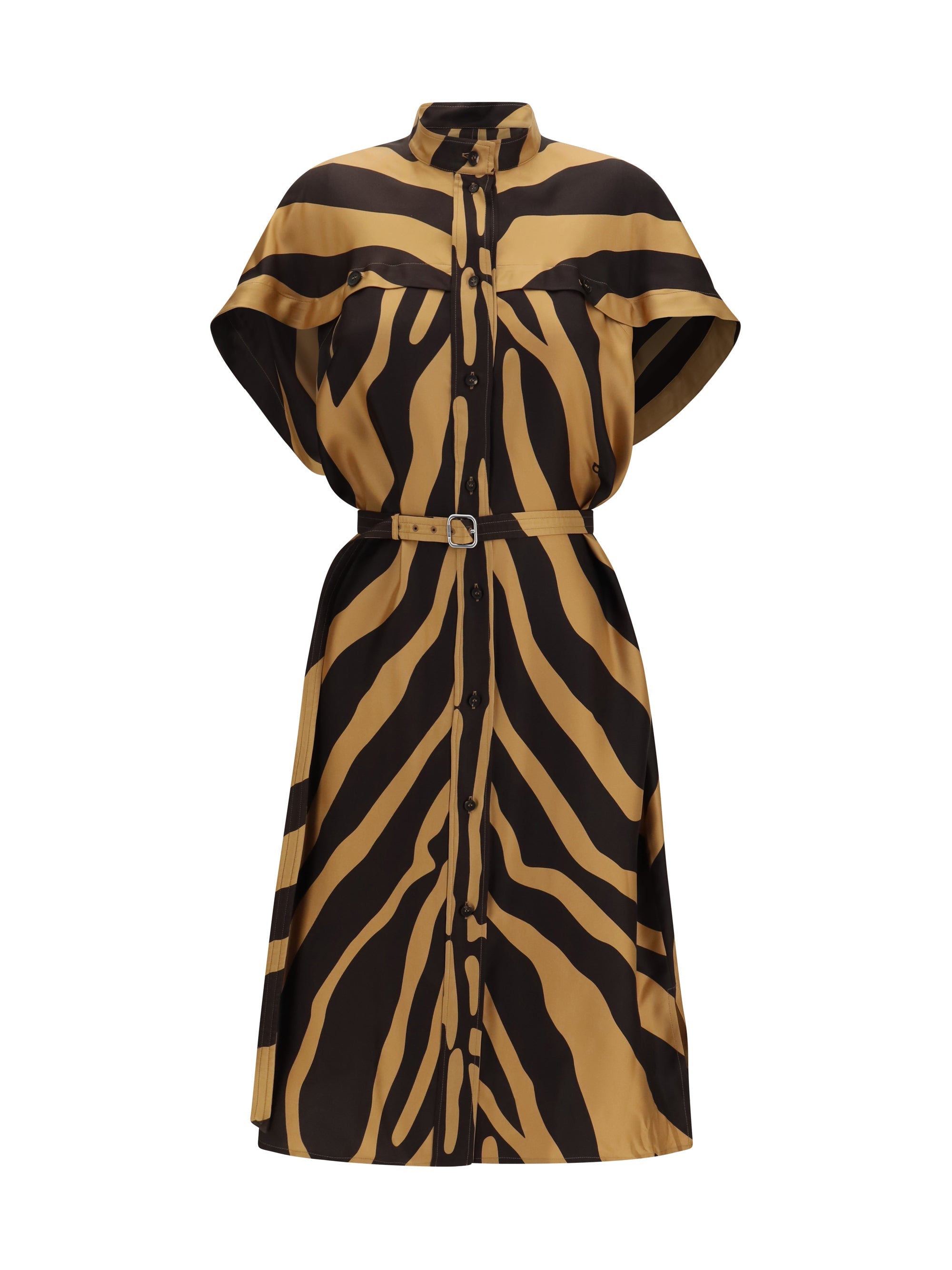 Ferragamo Zebra-Print Twill Shirt Dress — Camel