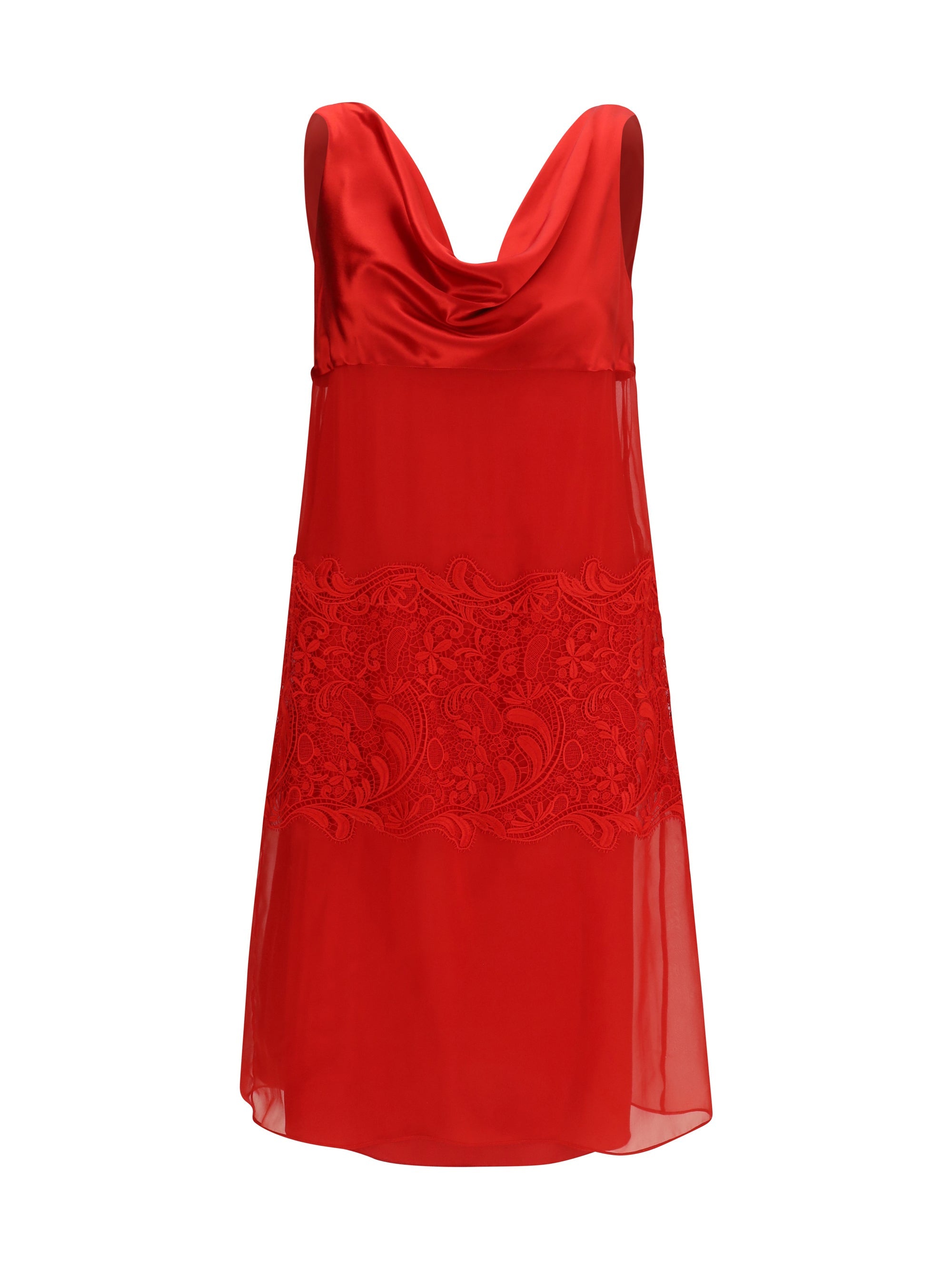 Ferragamo Draped Lace Silk Dress — Red