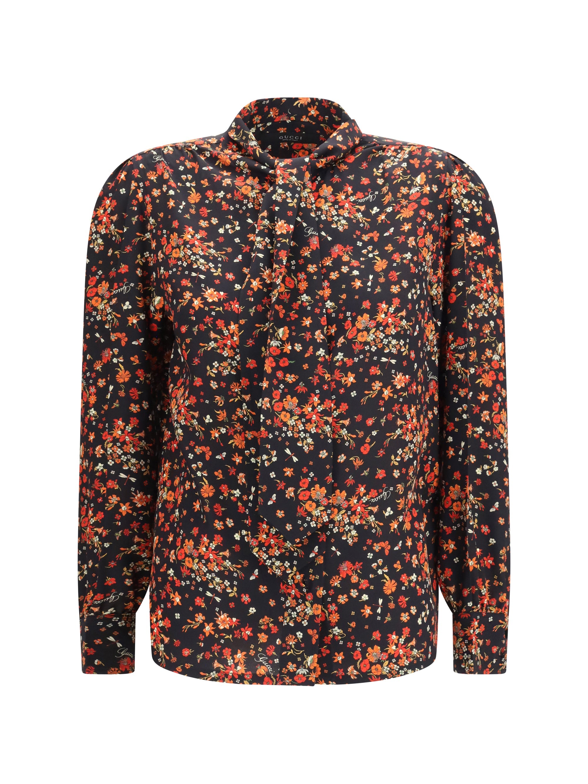 Gucci Silk Flora Print with Neck Bow Shirt — Black