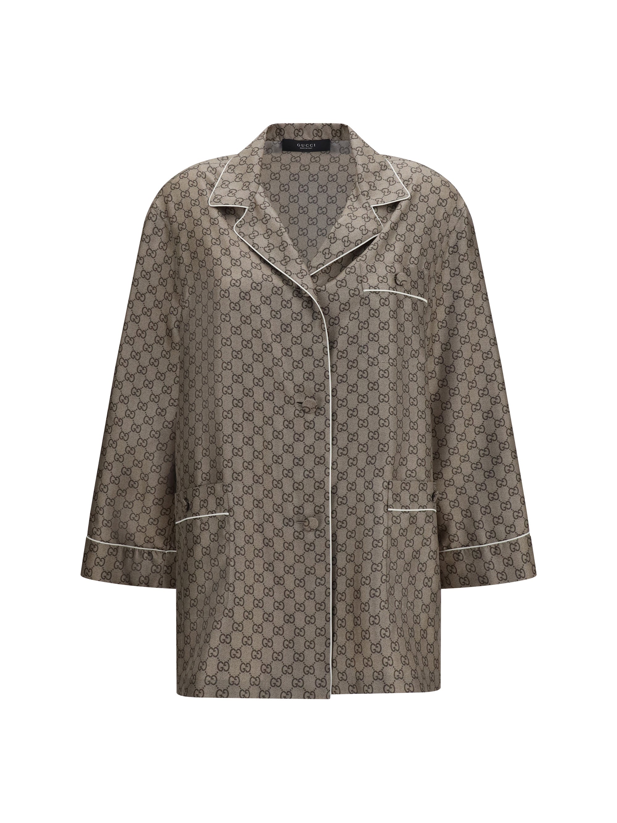 Gucci GG Monogram Silk Twill Shirt — Beige