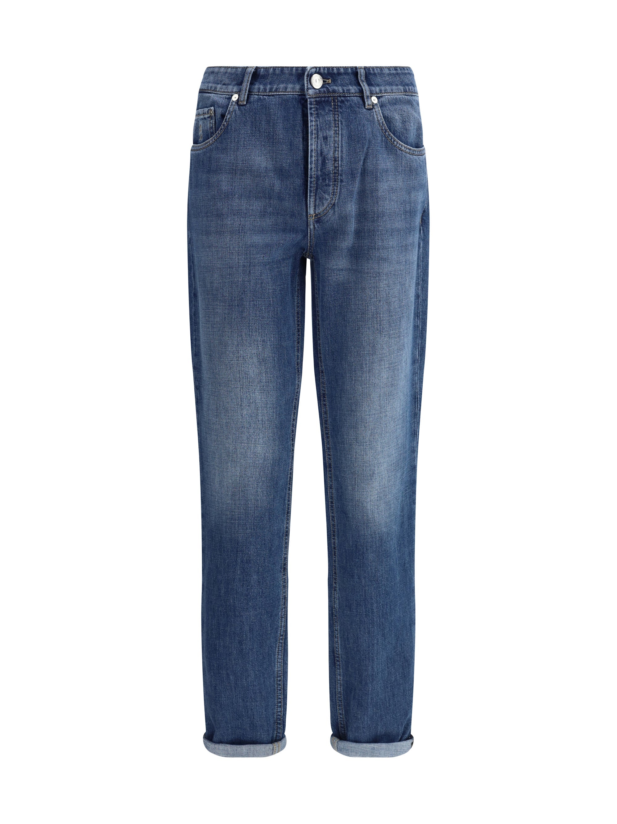Brunello Cucinelli Cuffed Cotton Jeans — Blue