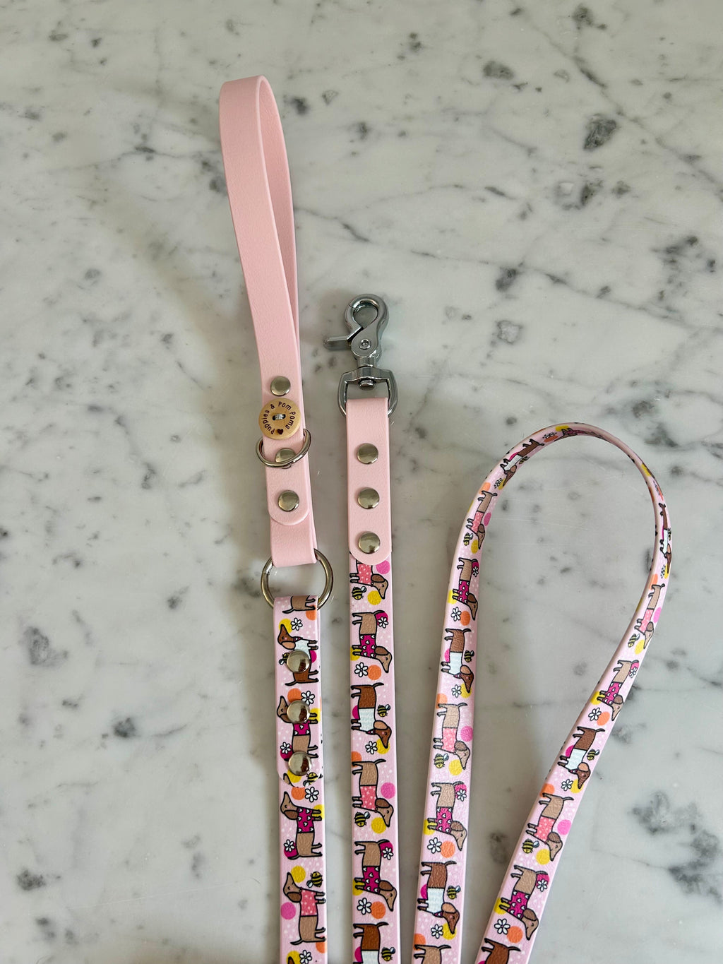 Handmade Vegan Leather Dog Leash - Bee Happy Dachshunds - Pink