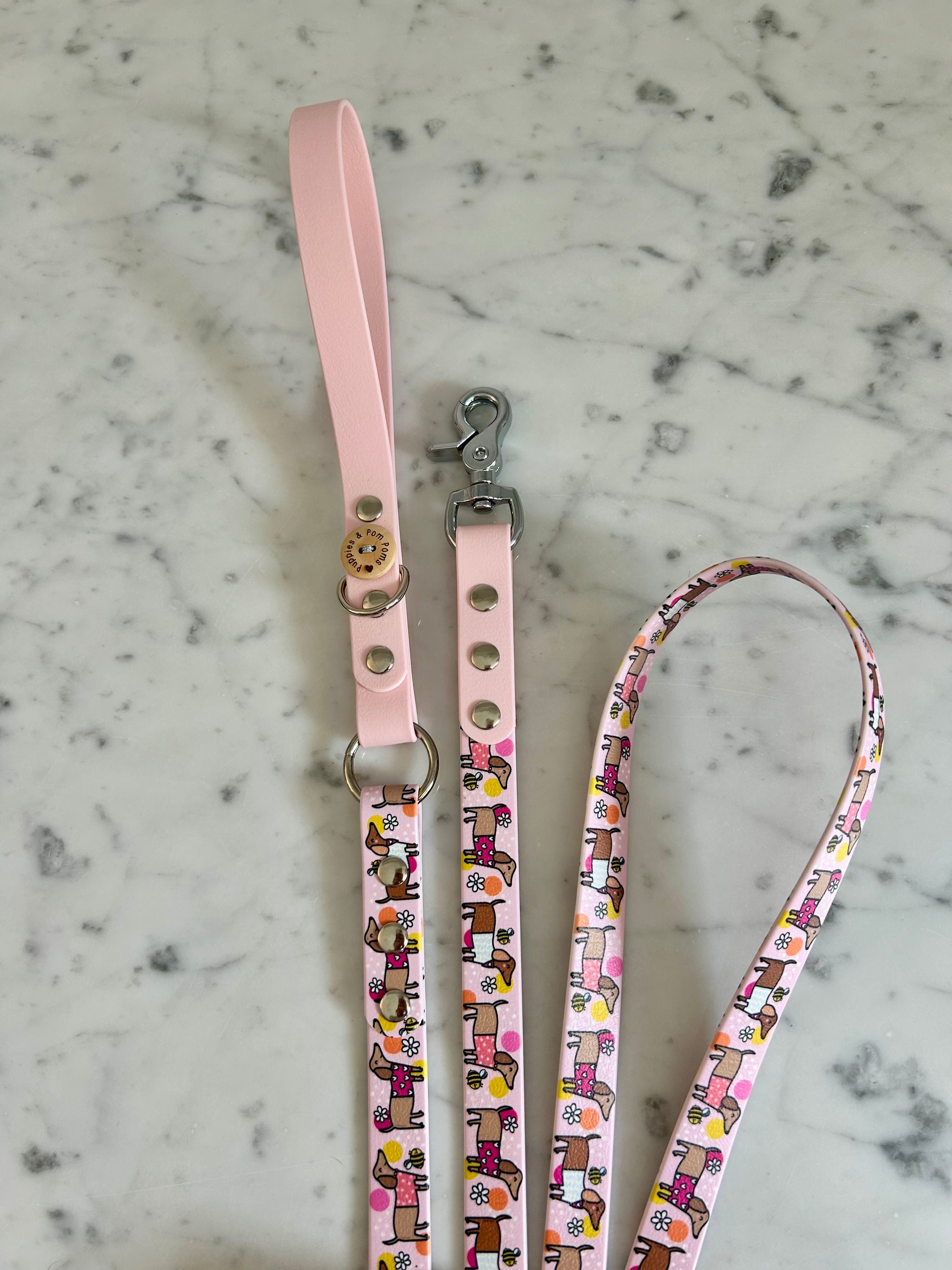 Handmade Vegan Leather Dog Leash - Bee Happy Dachshunds - Pink