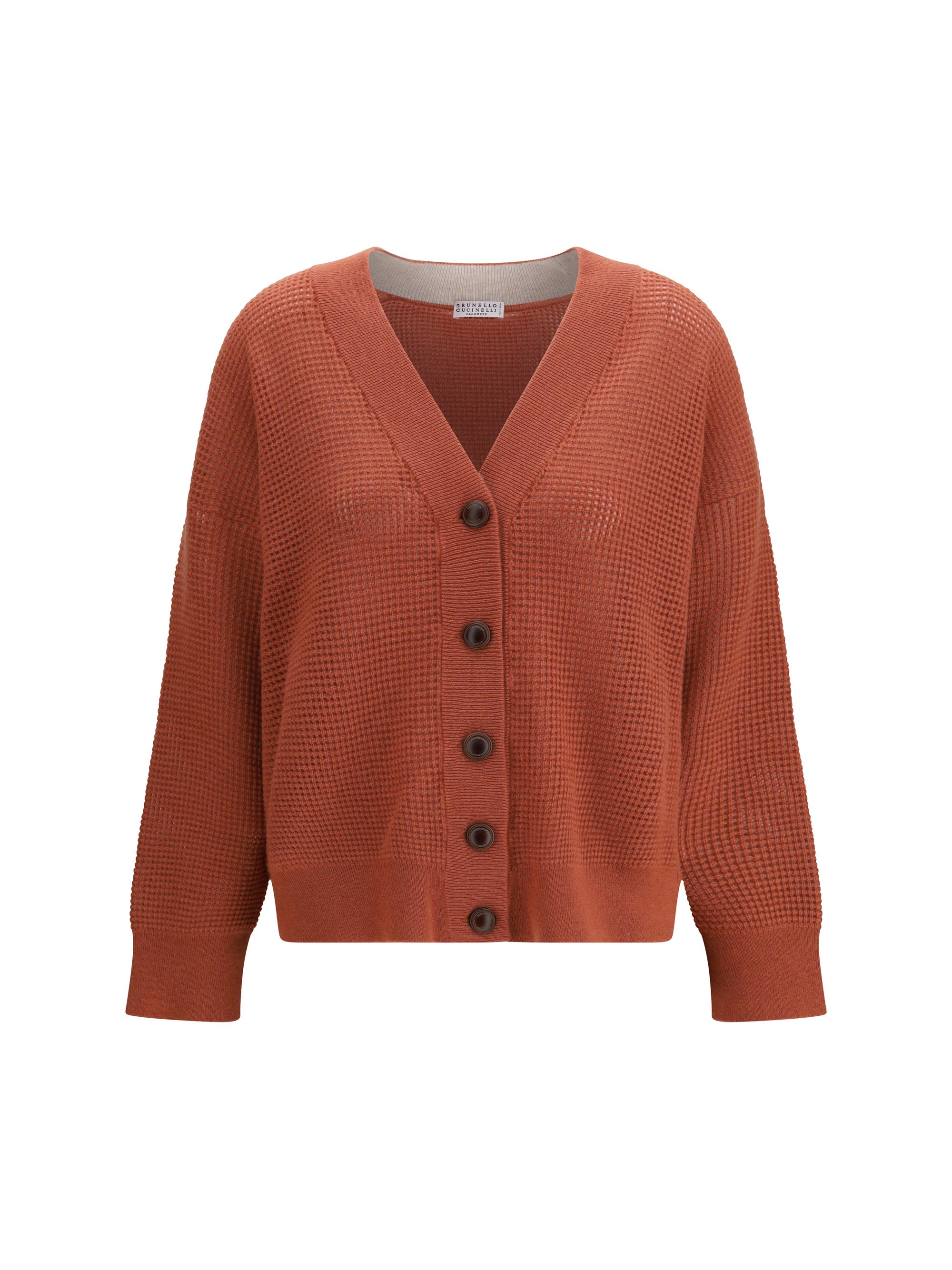 Brunello Cucinelli Cashmere Mesh-Knit Cardigan — Orange