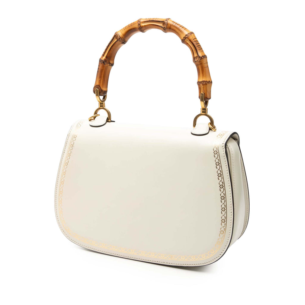 Calfskin Frame Print Bamboo Web Top Handle Bag