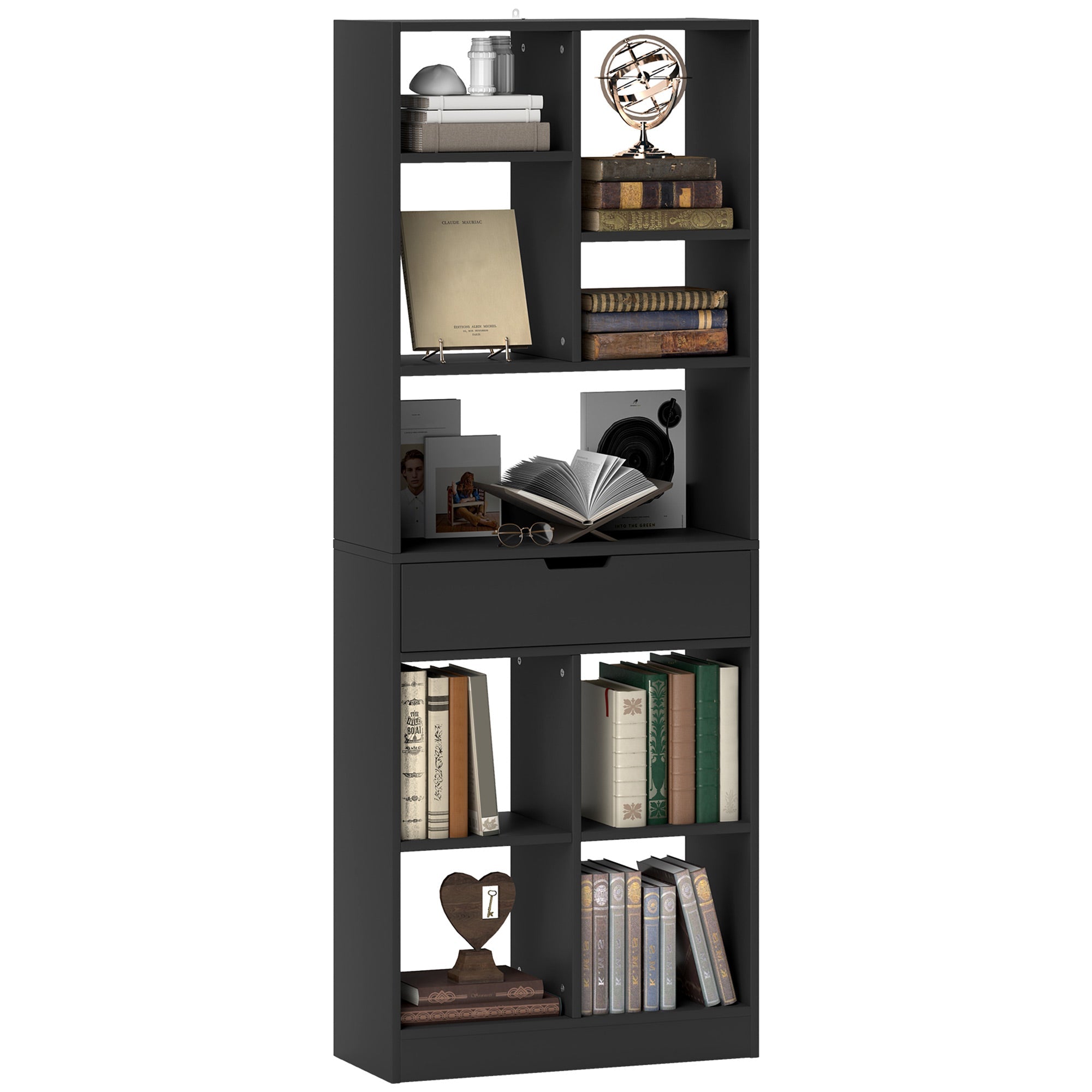 Tall Bookshelf with Drawer, Freestanding Bookcase with Open Shelves, Display Rack, Black