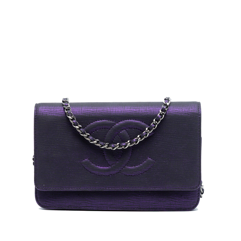 CC Metallic Crackling Lizard Printed Leather Wallet on Chain
