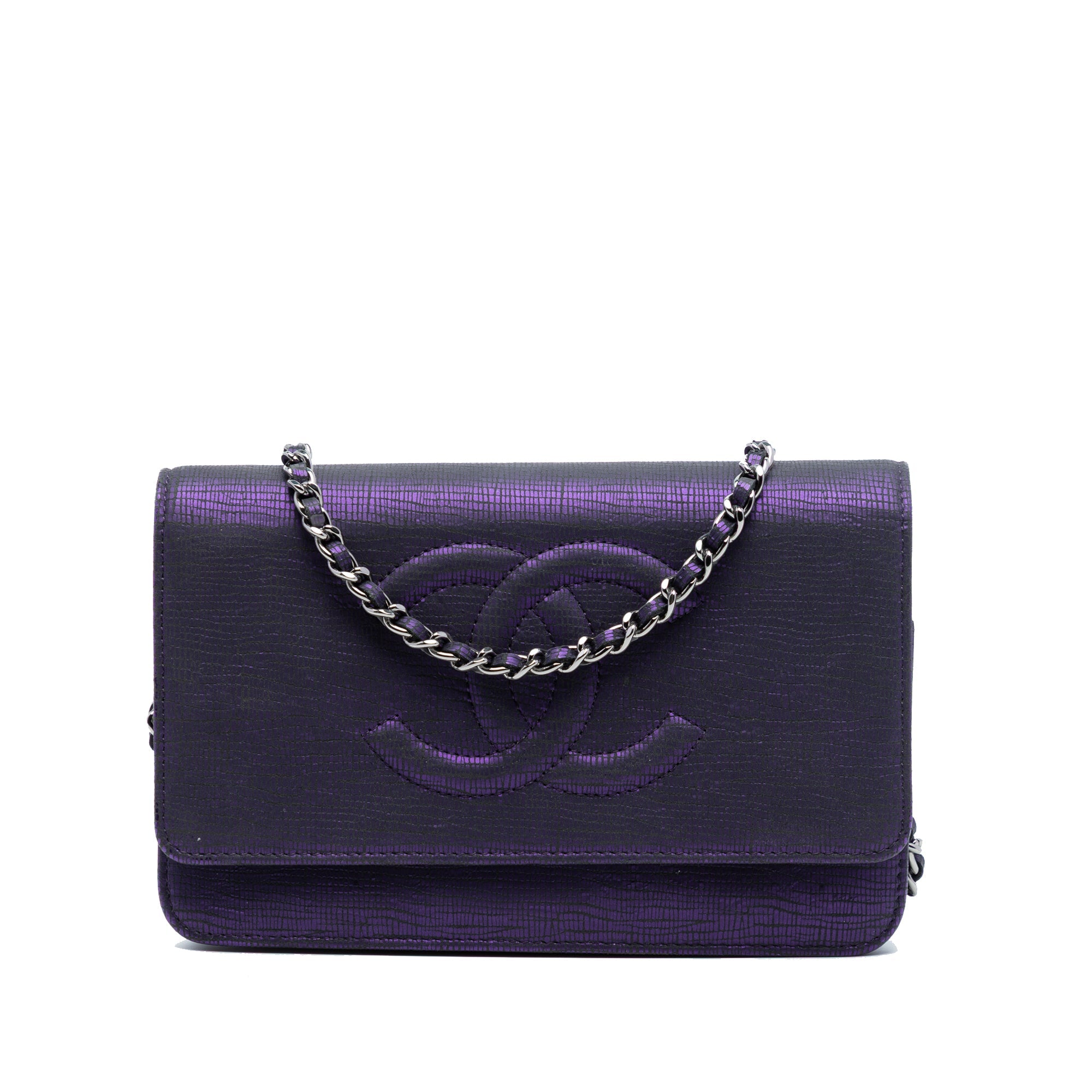 CC Metallic Crackling Lizard Printed Leather Wallet on Chain
