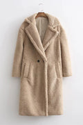 Notch Lapel Double Breasted Pocketed Fuzzy Fleece Coat