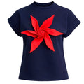 Crew-Neck Jersey T-Shirt With Flower - Dark Blue