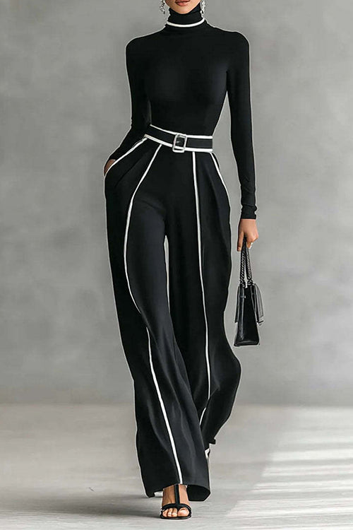 Color Block High Neck Long Sleeves Top High Rise Wide Leg Pants Set