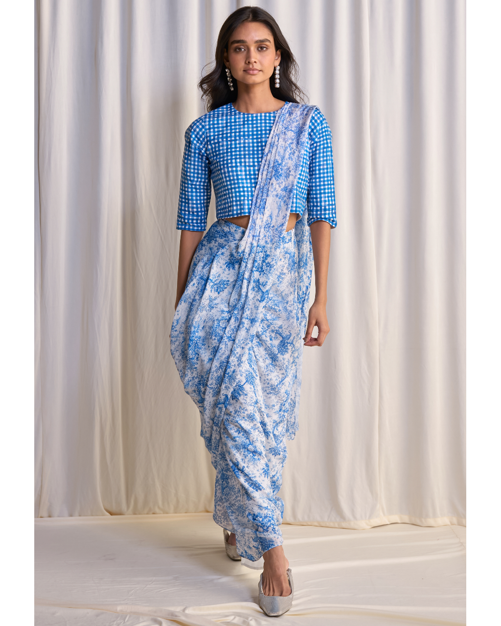 Linen Madras Check Print Top & Toile Print Sari Drape Skirt By KYNAH, Luxury Indian Fashion & Bridal Wear