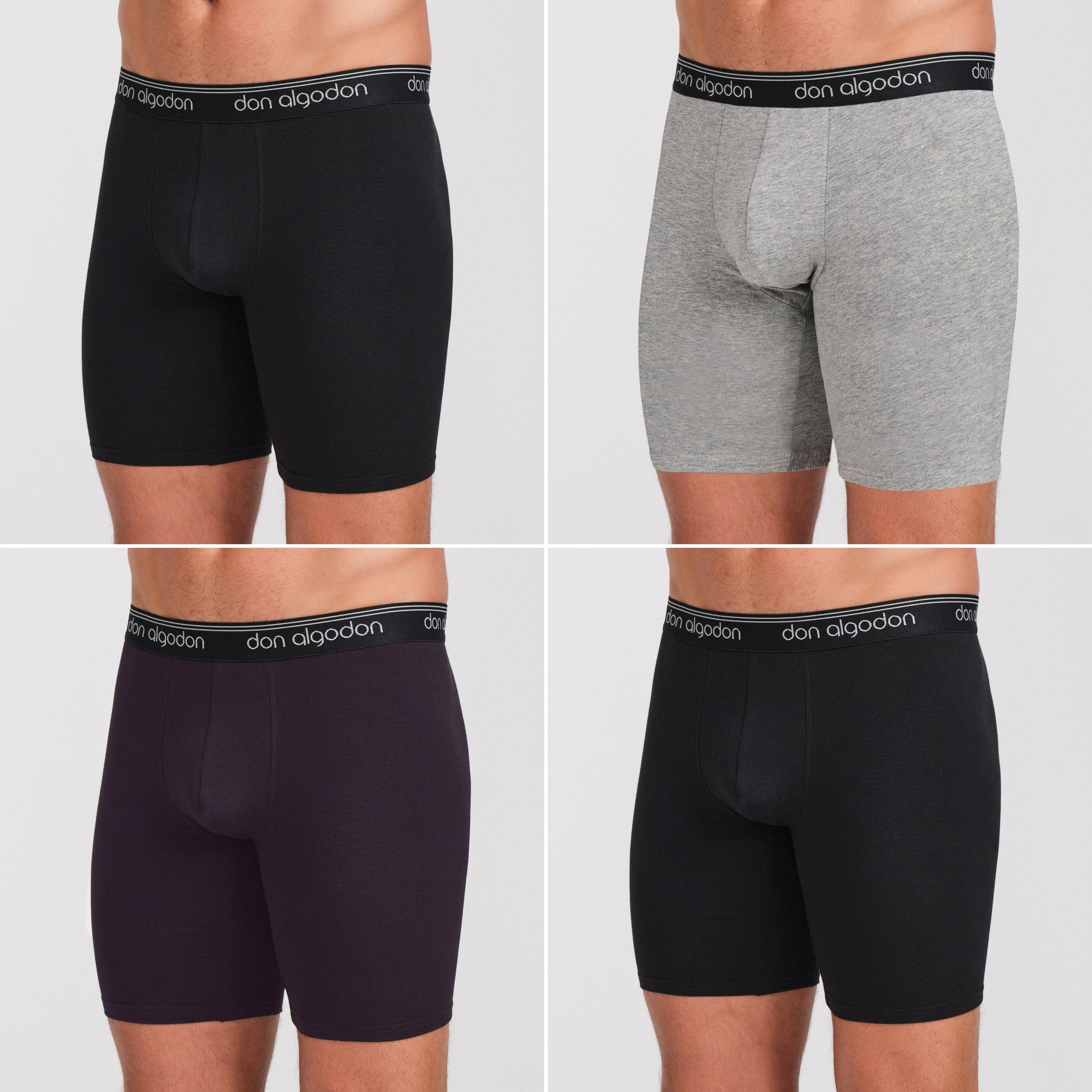 Don Algodon Premium | Pack de 4 Boxers Largos Ciclista Anti-roce Para Hombres | 95% Algodón | 4 Boxer: 2 Negros, 1 Gris Oscuro, 1 Gris Claro | Máxima Calidad