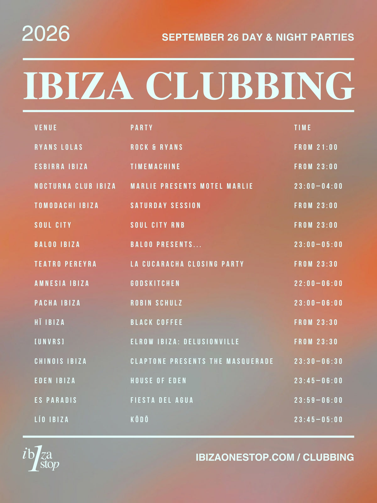 September 26, 2026 Ibiza Parties at UNVRS, Amnesia, Pacha, Ushuaïa, Hï Ibiza, Chinois, 528 Ibiza & More: elrow, Paul van Dyk, Robin Schulz, Black Coffee, Maceo Plex & More