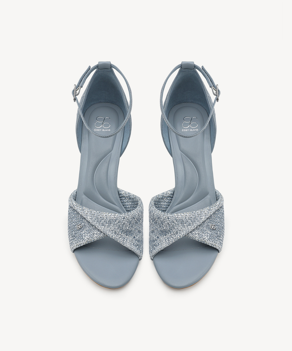 RaffiaGleam Ankle Strap Round Toe Heeled Sandal