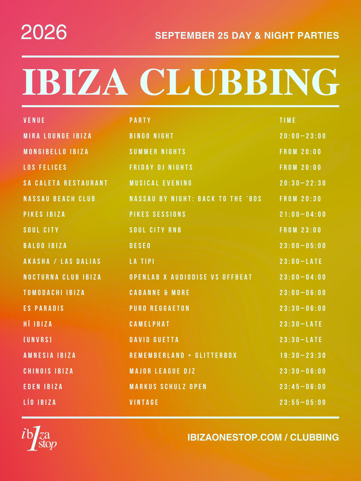 September 25, 2026 Ibiza Parties at UNVRS, Ushuaïa, Hï Ibiza, Pacha, Amnesia, Chinois, Cova Santa & More: David Guetta, Calvin Harris, CAMELPHAT, Marco Carola, Glitterbox & More