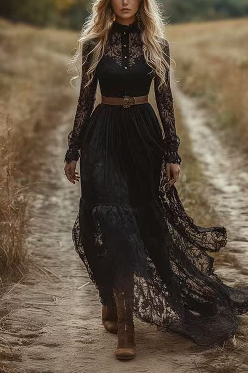 Long Sleeves Button Up Lace Maxi Dress