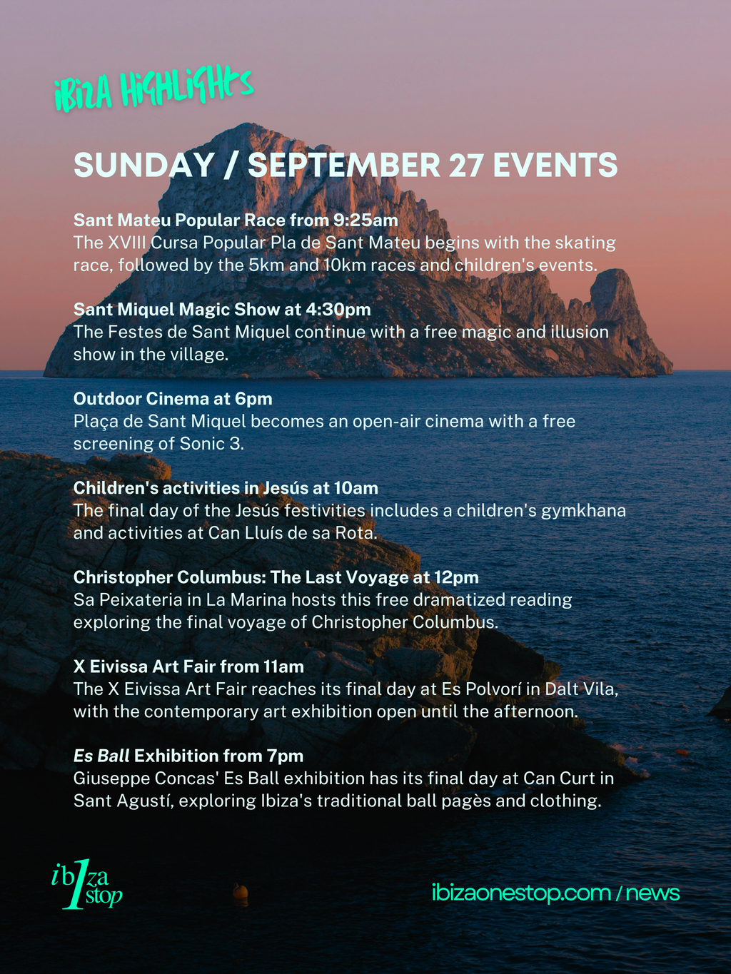 Sunday, September 27 in Ibiza and Formentera: Fira Marinera, Free Magiclown, Sant Miquel festivities, Art Exhibitions, World Tourism Day, Markets, Culture, Sport and More