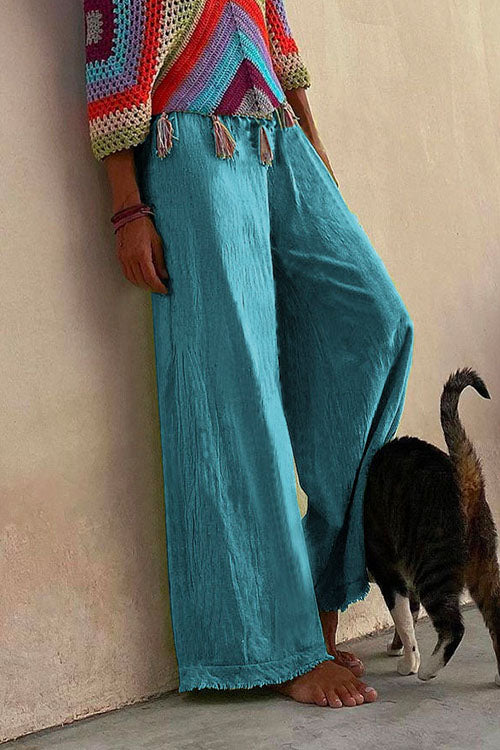 Solid Raw Hem Wide Leg Casual Pants