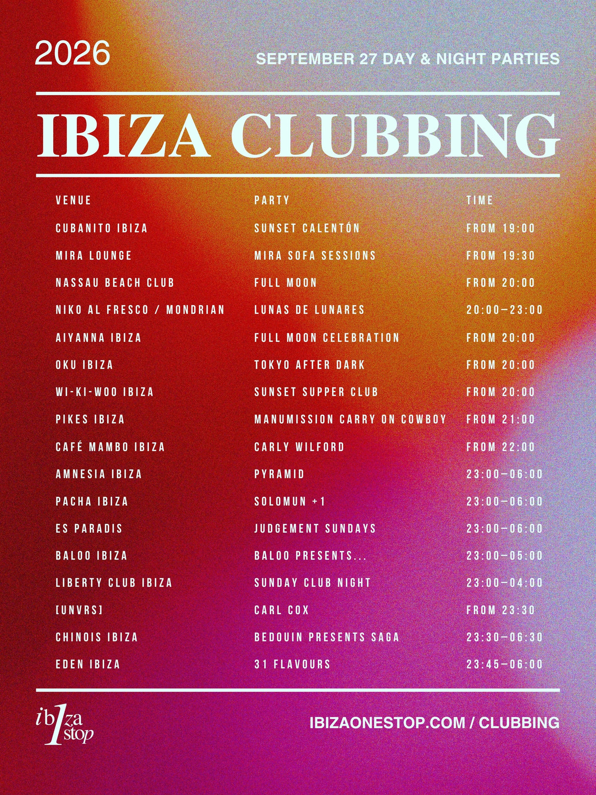 September 27, 2026 Ibiza Parties at UNVRS, Amnesia, Pacha, Chinois, 528 Ibiza, Cova Santa & More: Carl Cox, Solomun, Jeff Mills, Bedouin & More