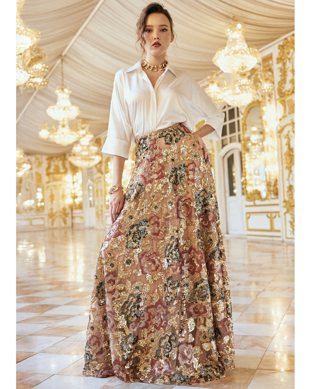 Ivory Satin Shirt & Floral Sequin Maxi Skirt By KYNAH, Luxury Indian Fashion & Bridal Wear