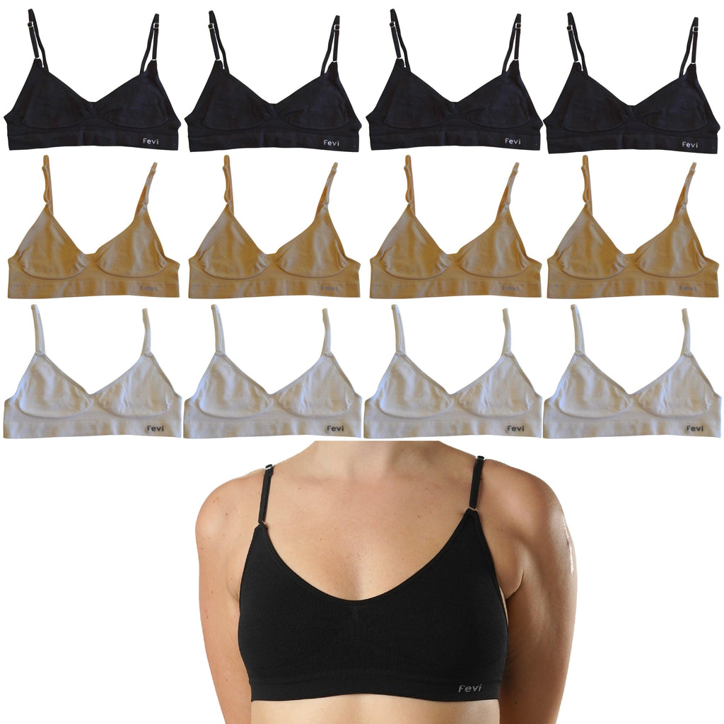 FEVI | Pack de 12 Tops con Tiras Ajustables en Negro, Beige y Blanco | Talla Única desde la 85 a la 95 | Sin Relleno