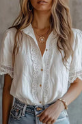 Lapel Short Sleeves Button Up Lace Trim Top