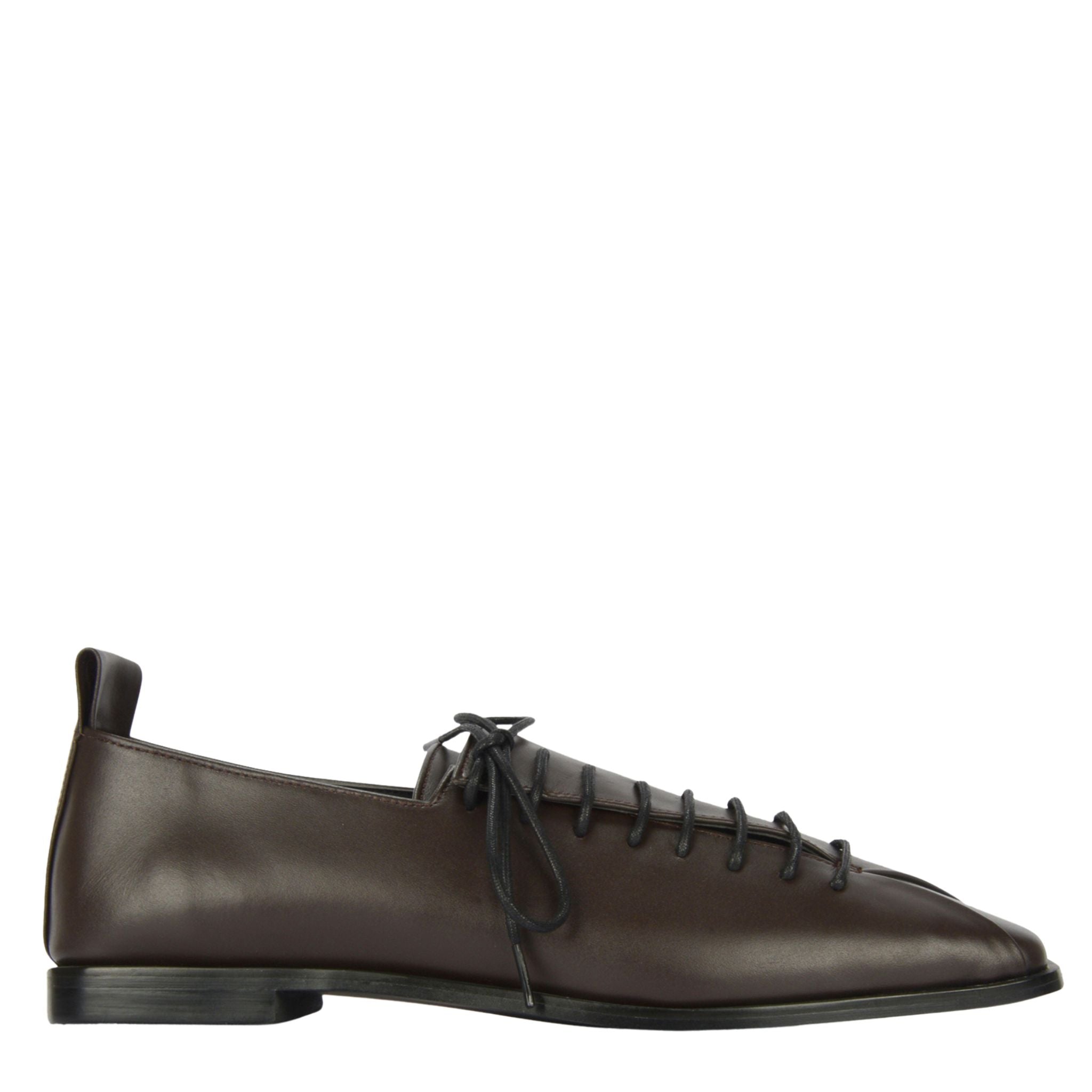 Brown Square-Toe Lace-Up Leather Flats
