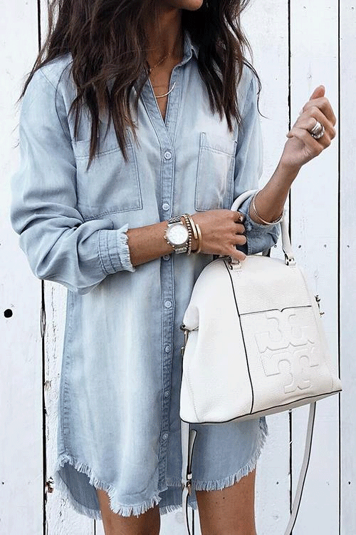 Stylish Button Down Denim Shirt Dress ( 4 Colors)