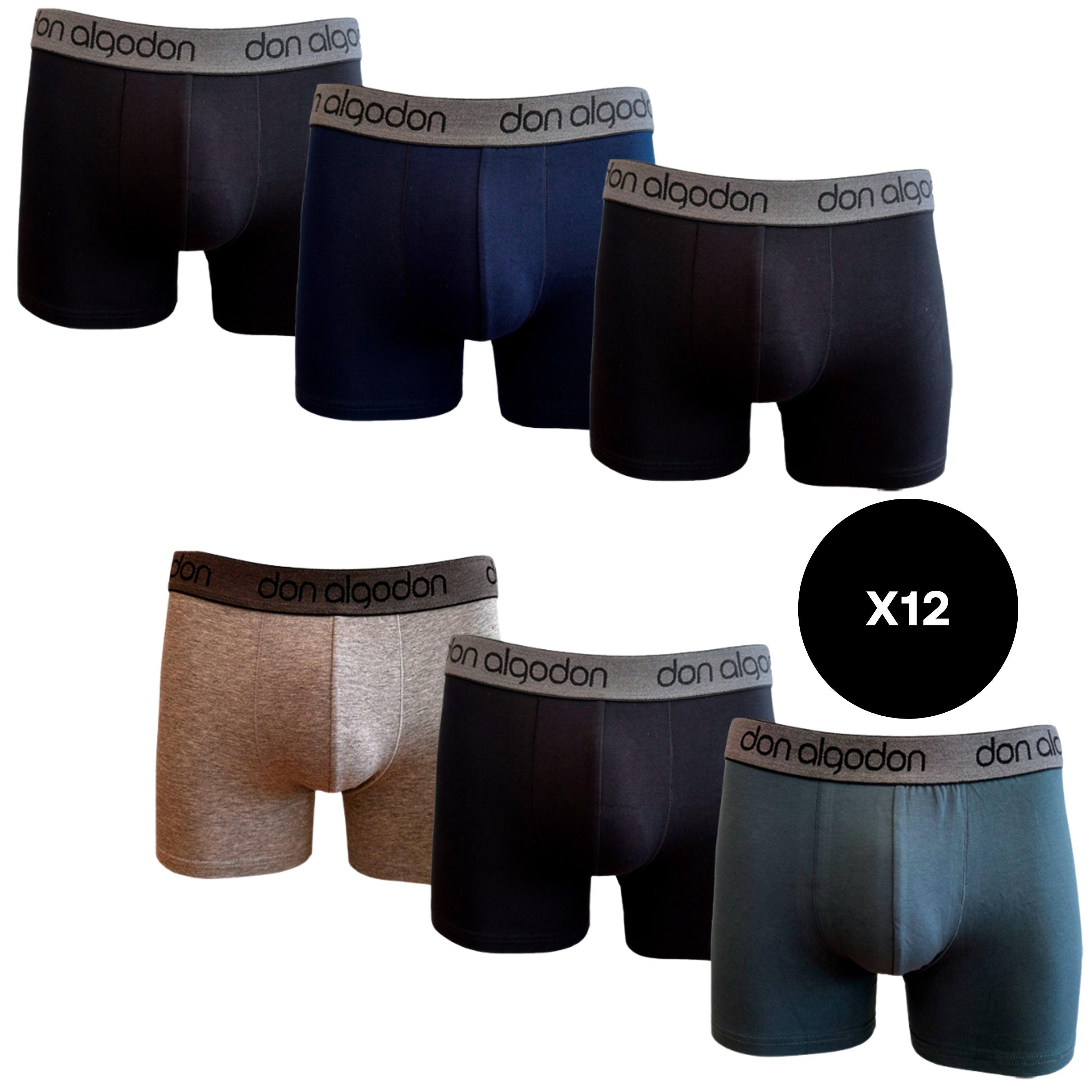 Don Algodon | Pack 12 Bóxers para Hombre Lisos | 6 Negros, 2 Marinos, 2 grises y 2 verdes