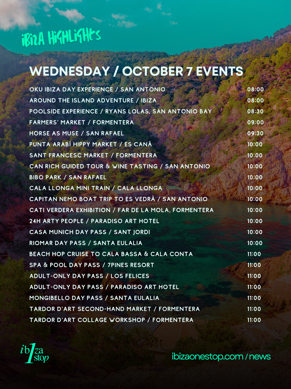 Wednesday, October 7, 2026 Ibiza & Formentera Events: Markets, Art, Boat Trips, Live Music, Culture & More