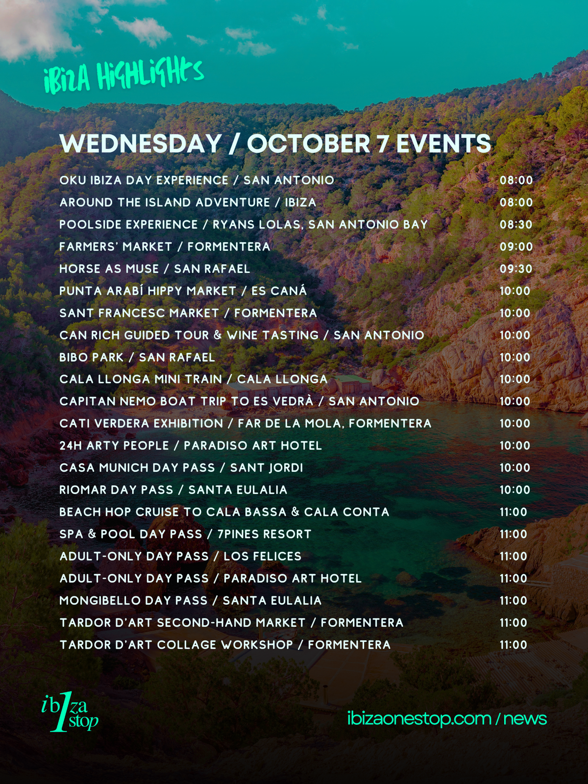 Wednesday, October 7, 2026 Ibiza & Formentera Events: Markets, Art, Boat Trips, Live Music, Culture & More