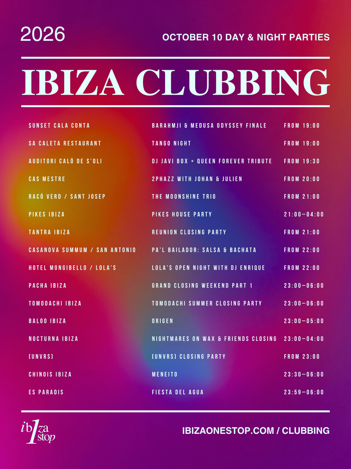 October 10, 2026 Ibiza Parties at Ushuaïa, [UNVRS], Amnesia, Pacha, O Beach, Chinois & More: ANTS, Closing Parties, Roger Sanchez & More