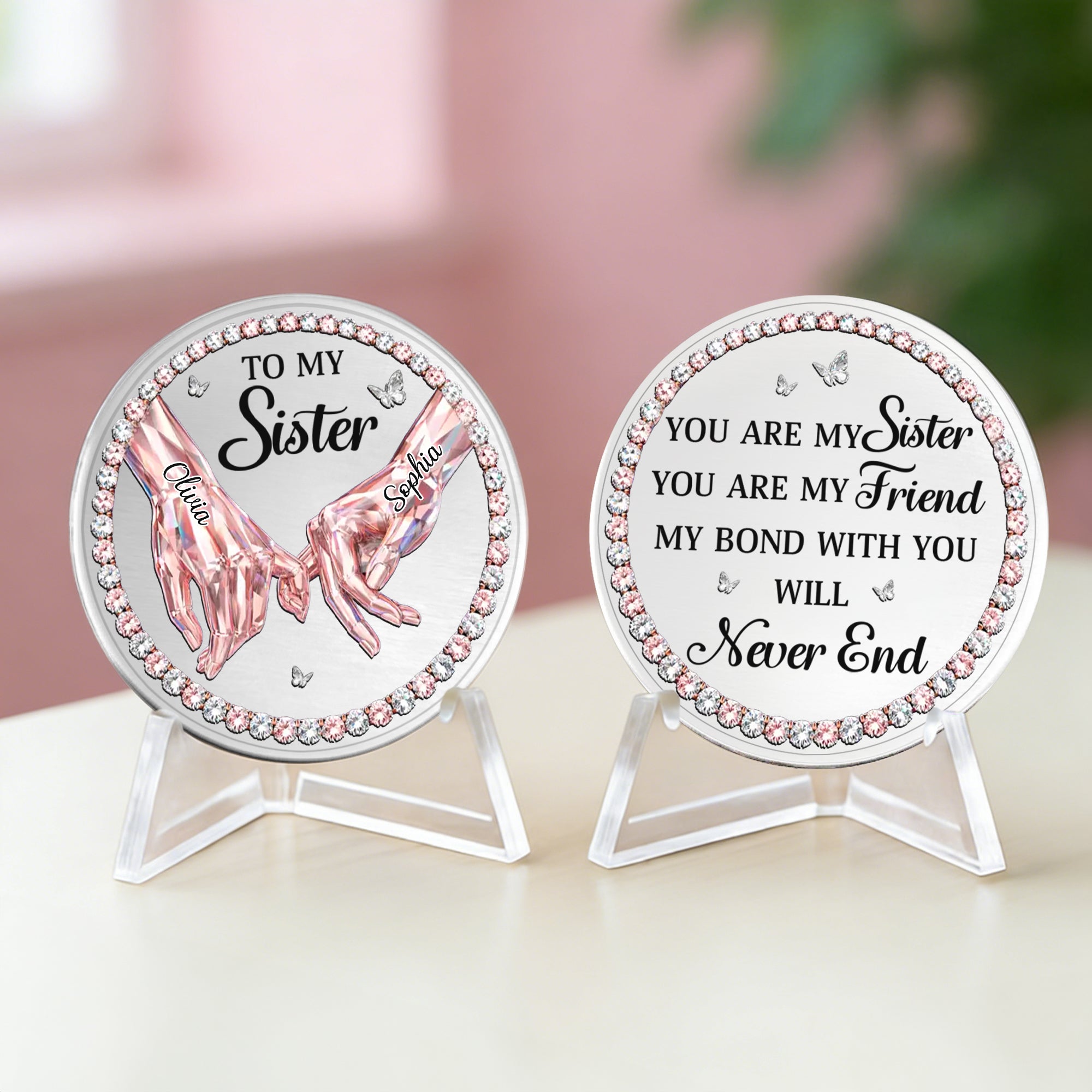 Monedas personalizadas con diseño de diamantes mano a mano con nombres y expositor Regalo de cumpleaños aniversario para mejores amigas hermanas