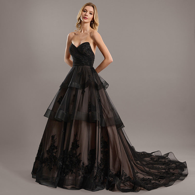 Bridal Wedding Dress Black Sleeveless Long Sweetheart Ball-Gown Princess