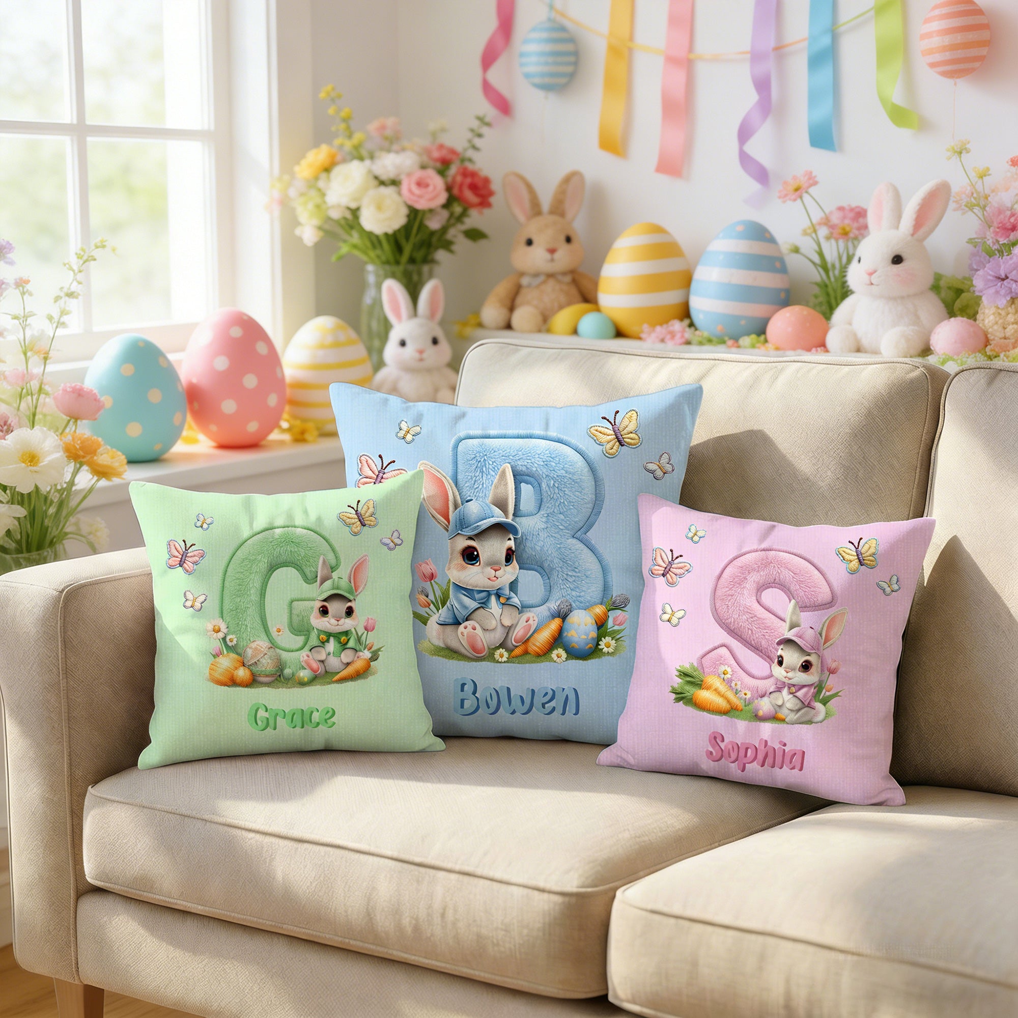 Personalizado lindo conejito mariposa multicolor almohada cubierta con nombre decoración del hogar Pascua fiesta regalo para los niños