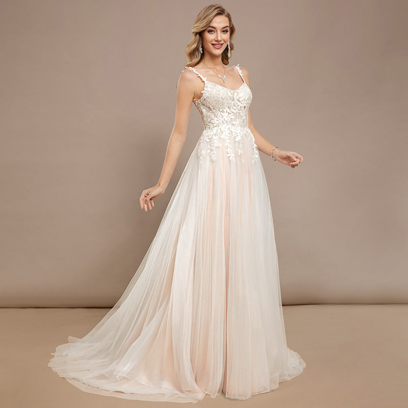 Bridal Wedding Dress Ivory-Nude Spaghetti Straps Long V-Neck Ball-Gown Princess