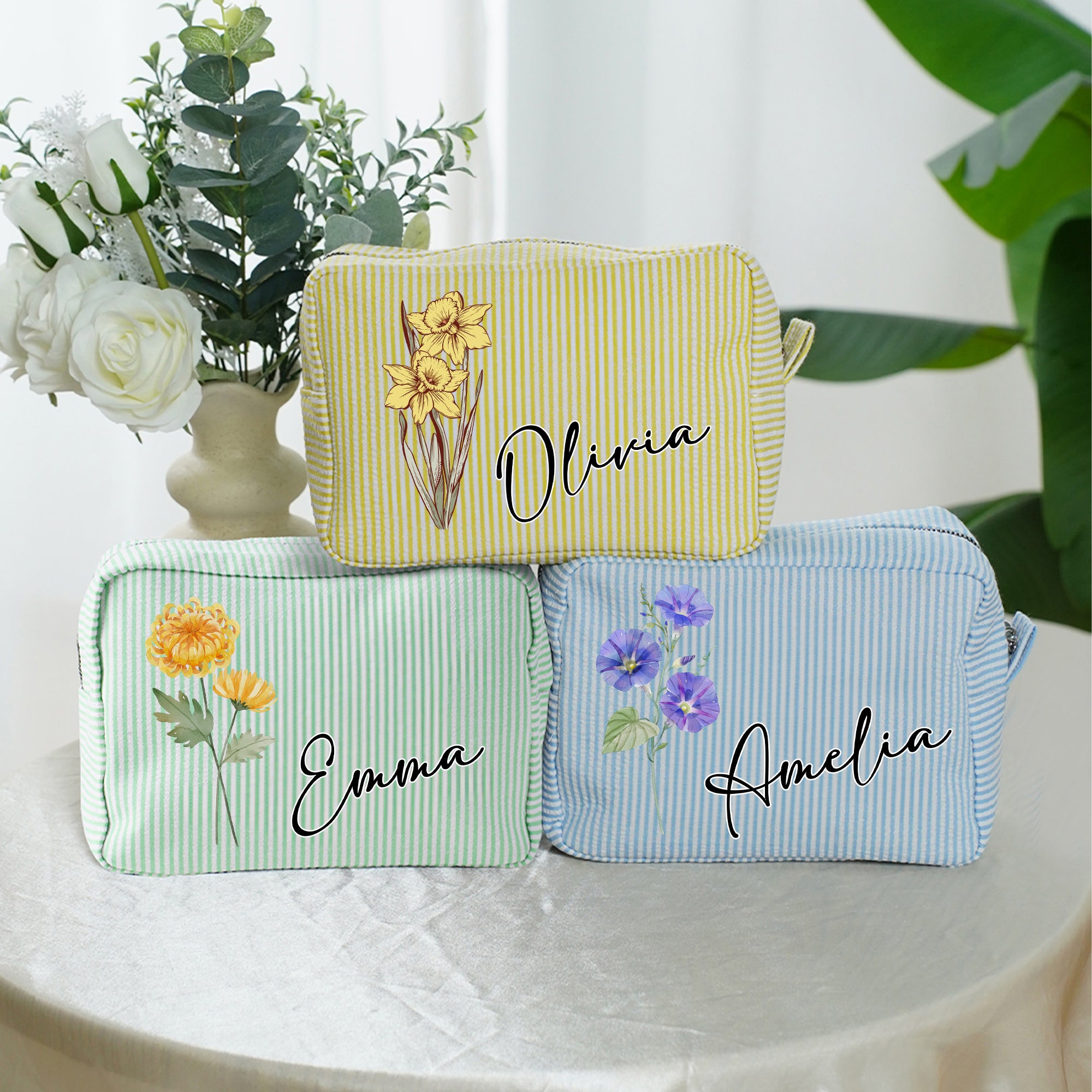 Acuarela personalizada Retro Flor de nacimiento Bolsa de maquillaje a rayas multicolor con nombre Viaje Esencial Fiesta de boda Cumpleaños Regalo para mujeres Niñas